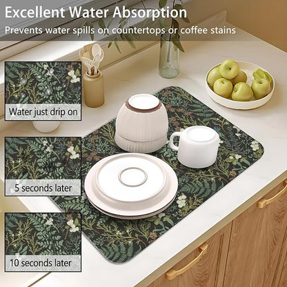 Dish Drying Mat for Kitchen Counter 2 Pack with Non-Slip Rubber Backing - Heat-Resistant Absorbent Coffee Bar Mat, Dish Rack Mat, Green Plants Dish Drying Mats 18x24+19.5x12 inch
