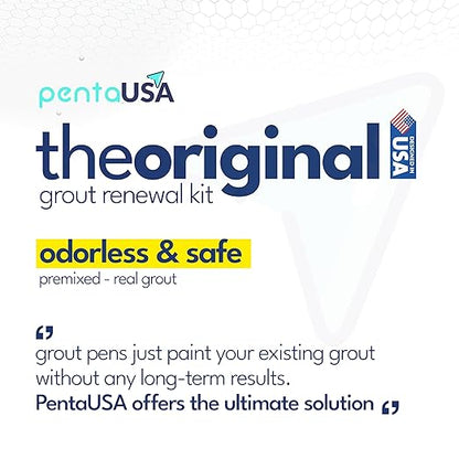 PentaUSA Tile Grout Repair Kit - Premixed Squeezable Sanded Grout Filler for Shower, Bathroom & Kitchen, Fast Drying Waterproof Triple Protection, Fills Cracked Grout Lines (White, 8.8oz / 250g)
