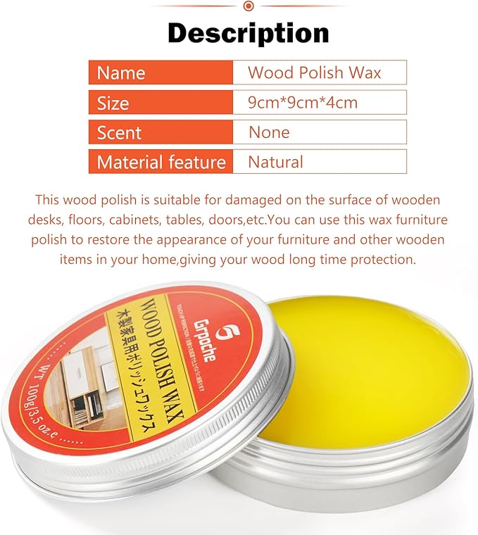 Wood Wax for Furniture, Paste Wax for Wood Floor Polish, Conditioner, Cleaner, Restorer, Protective Finish for Surfaces, Furniture Polish for Wooden Floors, Cabinets, Tables, Doors(3.5oz)