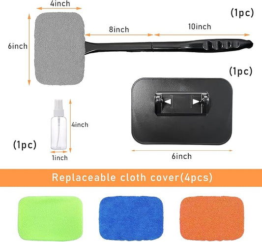 Car Windshield Cleaning Tool, Microfiber Window Cleaner with 4 Washable and Reusable Cloth Pad & Long Handle, Auto Glass Wiper Cleaning Kit with Spray Bottle, Car Accessories