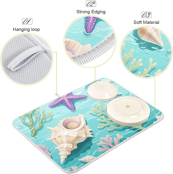 Coral Sea Shells Stars Pattern Dish Drying Mat for Kitchen Counter Super Absorbent Drying Mat 18x24 inch Large Dish Drying Matts for Countertop Protector Dishes Pad