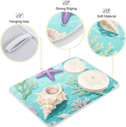 Coral Sea Shells Stars Pattern Dish Drying Mat for Kitchen Counter Super Absorbent Drying Mat 18x24 inch Large Dish Drying Matts for Countertop Protector Dishes Pad