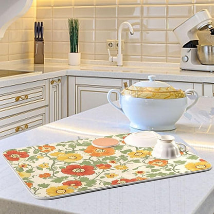 Retro Yellow Orange Flowers Dish Drying Mat for Kitchen Counter Absorbent Microfiber Drying Pad, Medium 16x18 in, Reversible Drainer Mats