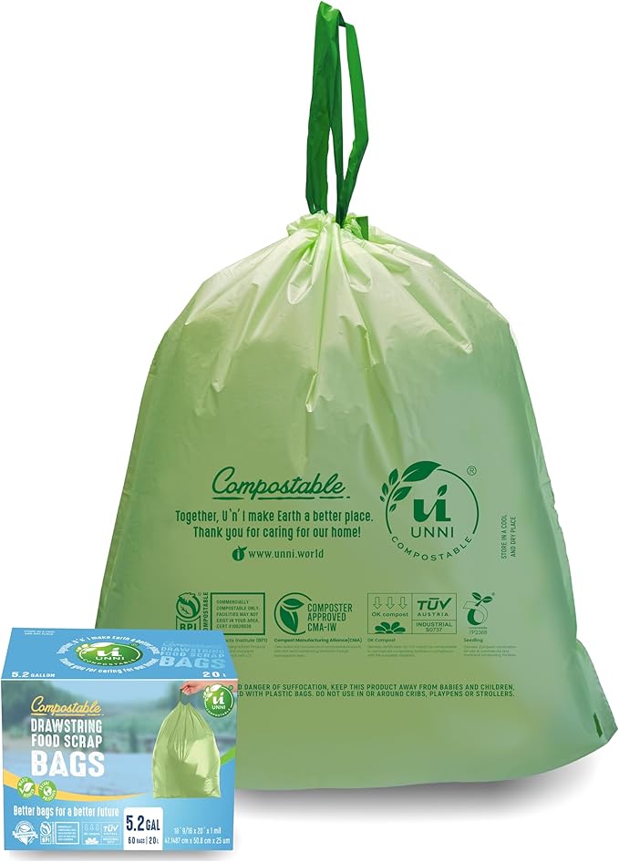 UNNI Compostable Drawstring Bags, 5.2 Gallon, 20 Liter, 60 Count, Heavy Duty 1 Mil, Small Kitchen Food Scrap Waste Bags, ASTM D6400, US BPI, CMA & Europe OK compost Certified, San Francisco