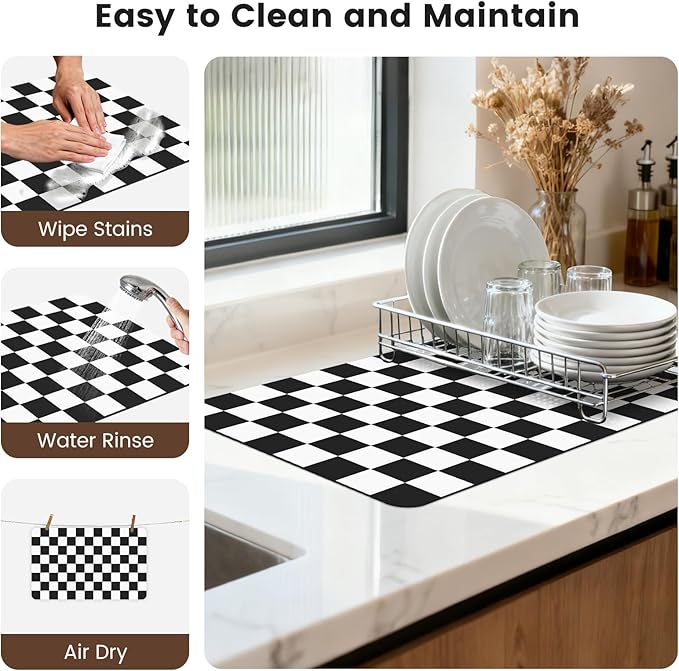 16" x 24" Checkered Dish Drying Mat for Kitchen Counter, Absorbent Coffee Bar Mat for Espresso Machine Coffee Countertops Accessories (Black)