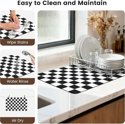 16" x 24" Checkered Dish Drying Mat for Kitchen Counter, Absorbent Coffee Bar Mat for Espresso Machine Coffee Countertops Accessories (Black)