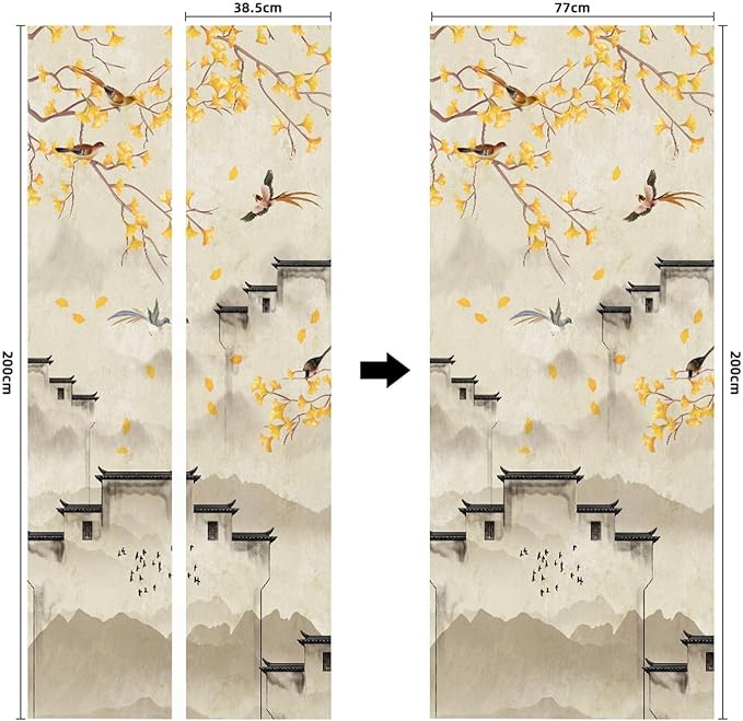 A.Monamour 3D Door Stickers for Interior Doors Flowers Birds Trees and Buildings in Ink Chinese Style Vinyl Waterproof Self Adhesive Door Mural Decals for Bedroom Office Bathroom 77x200cm