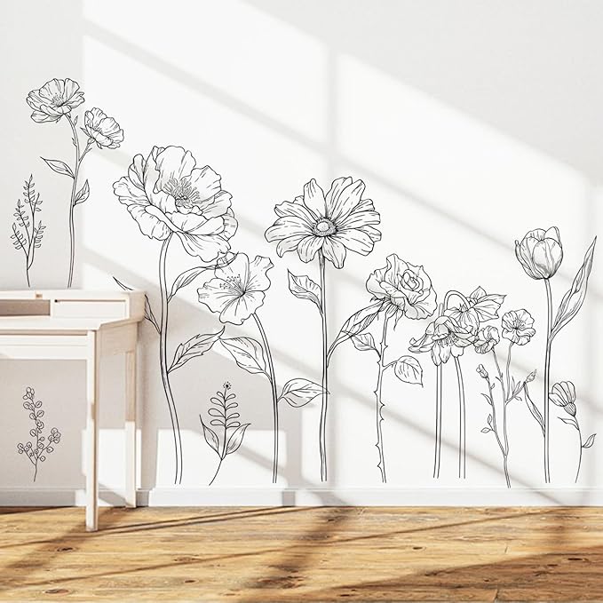 3 Sheets Wall Stickers DIY Boho Flower Wall Decal Removable Waterproof Wall Art Decor for Bedroom Living Room Offices Home Decoration (Black Flower)