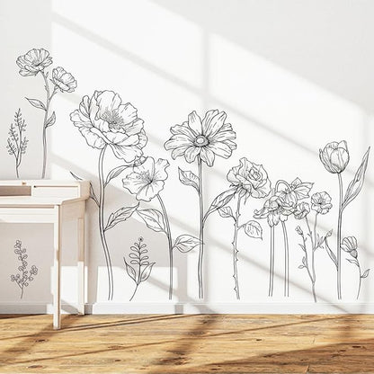 3 Sheets Wall Stickers DIY Boho Flower Wall Decal Removable Waterproof Wall Art Decor for Bedroom Living Room Offices Home Decoration (Black Flower)