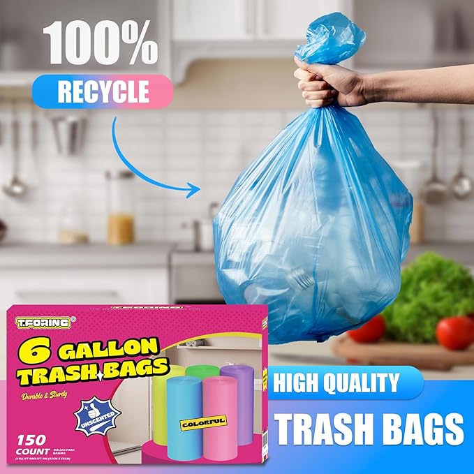 6 Gallon Trash Bags Colored 0.94 Mil Thick - 150 Count Medium Garbage Bags for Bathroom, 22 Liter Plastic Wastebasket Liners for Home Office Kitchen
