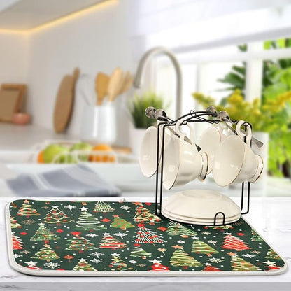 Christmas Tree Green Dish Drying Mat for Kitchen Counter Absorbent Microfiber Drying Pad, Medium 16x18 in