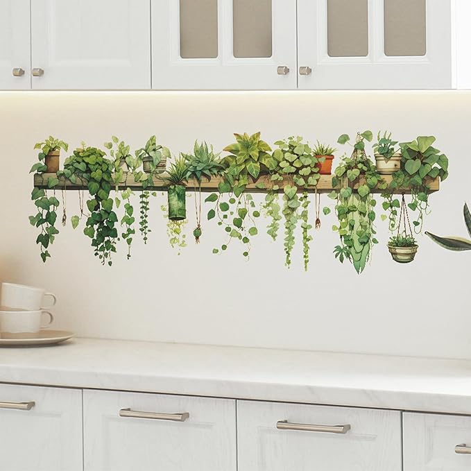 Nature Green Plants Peel and Stick Wall Decals Wallpaper, Removable Wall Decals Shelves Green Plants Vinyl Art Wall Stickers & Murals for Living Room Kitchen Bathroom Decoration (A-Green)