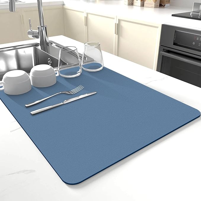 Dish Drying Mat for Kitchen Counter,Drying Mat for Dish Rack,Absorbent Hide Stain Rubber Mat,Coffee Mat, Kitchen Counter Mat (Blue, 18"x24")