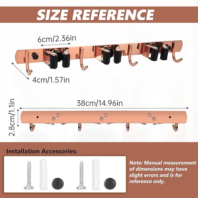 3 Racks and 4 Heavy Duty Hooks Mop and Broom Holder Wall Mount, Stainless Steel Broom Organizer Storage Utility Tool Racks for Home, Kitchen, Garage, Laundry Room. Rose Gold