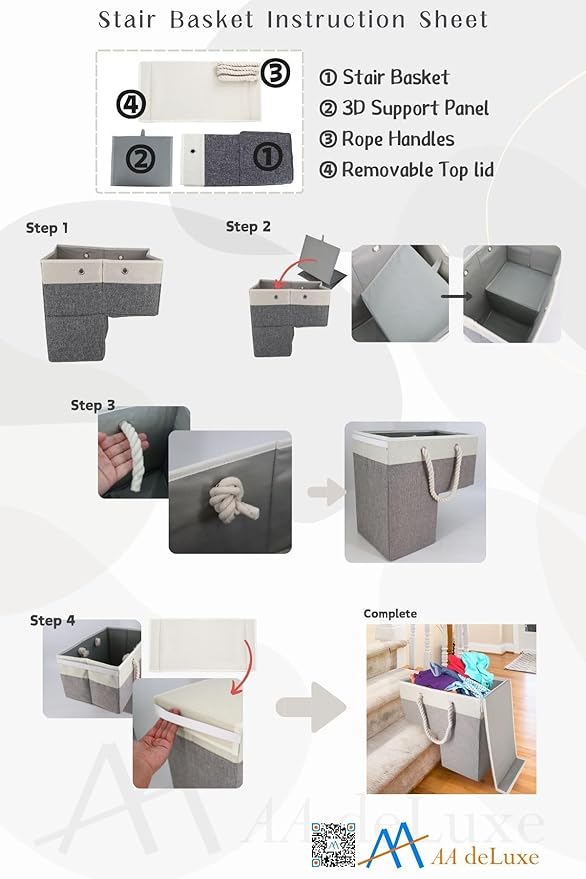 Stair Basket Foldable Linen Storage Organizer with Toplid for Carpeted Stairs & Wooden Staircases. Versatile Sturdy Bag for Climbing, Laundry & Shoe