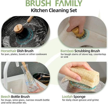 5-Pieces Bamboo Dish Brush Set with Palm Brush, Wooden Handle Dish Scrub Brush, Bottle Scrubber, 2 Loofah Sponge for Dishes, Pans, Bottles, Pots, Vegetables