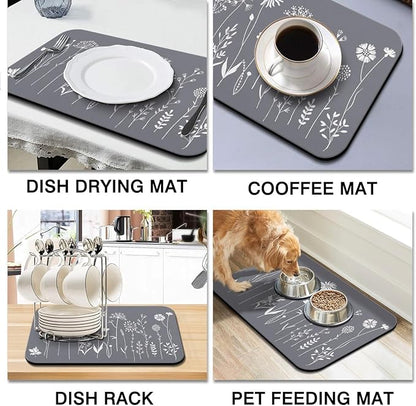 Dish Drying Mat for Kitchen Counter 2 Pack with Non-Slip Rubber Backing - Heat-Resistant Absorbent Coffee Bar Mat, Dish Rack Mat, Grey Flower Dish Drying Mats 18x24+19.5x12 inch