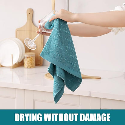 Homaxy 100% Cotton Terry Kitchen Towels(Lake Blue, 13 x 28 inches), Checkered Designed, Soft and Super Absorbent Dish Towels, 6 Pack