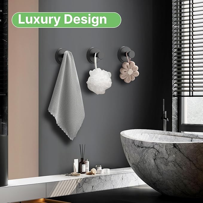 Black Waterproof Suction Cup Hooks, 2-Pack Heavy Duty Stainless Steel No Drill Shower Hooks for Hanging Towels, Robes, Loofahs, Holder Holds Strong on Tile, Glass, Mirror, Wall, Bathroom Door