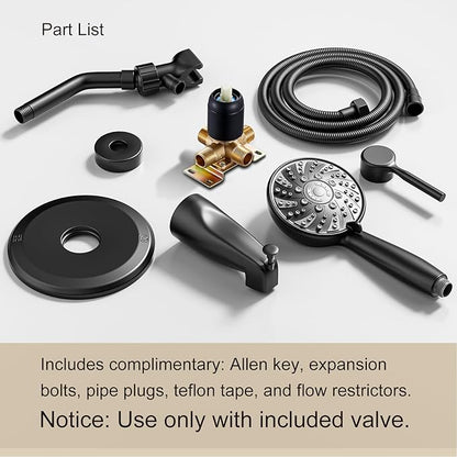 Tub Shower Faucet Set,Shower Systerm with Valve and Tub Spout,ABS Single Shower Head and Handle Set Shower Trim Kit for Bathroom,Matte Black,6-Modes Spray