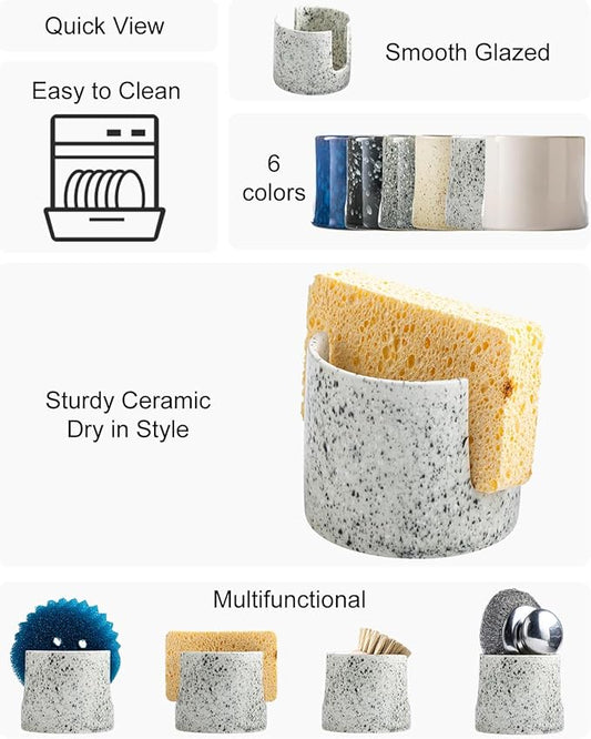 Zoeeker Kitchen Sink Sponge Holder, Dish Sponge Rack Ceramic Brush Holder Farmhouse Kitchen Dish Rack for Brush, Scrubbers, Bathroom, Sink, Speckled Glaze