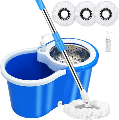 Spin Mop and Bucket with Wringer Set, 360° Mop and Bucket Set for Floor Cleaning, Stainless Steel 61" Adjustable Extended Handle with 3 Microfiber Mop Refills, Blue