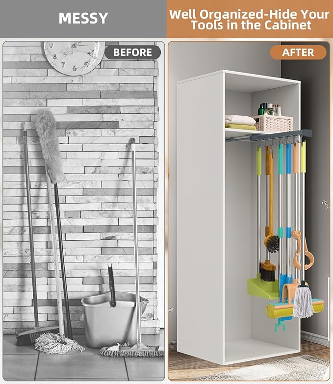 Pull Out Broom Holder, Multifunctional Slide Broom And Mop Storage/Organizer With Adjustable Double Row Sliding Hook, Garage Organization Hooks, for Closet Laundry Garage Kitchen - 41cm/16.141inch