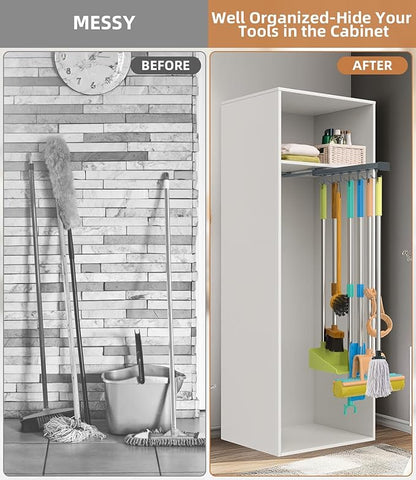 Pull Out Broom Holder, Multifunctional Slide Broom And Mop Storage/Organizer With Adjustable Double Row Sliding Hook, Garage Organization Hooks, for Closet Laundry Garage Kitchen - 41cm/16.141inch