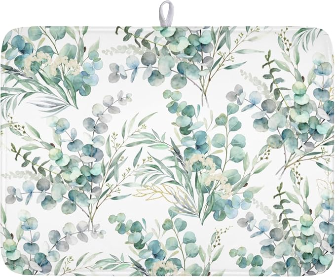 Spring Sage Green Leaves Dish Drying Mat for Kitchen Counter Watercolor Eucalyptus Leaf Drying Mat 18x24 Inch Rustic Farmhouse Absorbent Dish Drainer Mat Kitchen Accessories