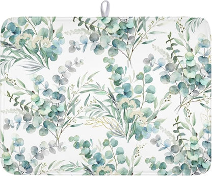 Spring Sage Green Leaves Dish Drying Mat for Kitchen Counter Watercolor Eucalyptus Leaf Drying Mat 18x24 Inch Rustic Farmhouse Absorbent Dish Drainer Mat Kitchen Accessories