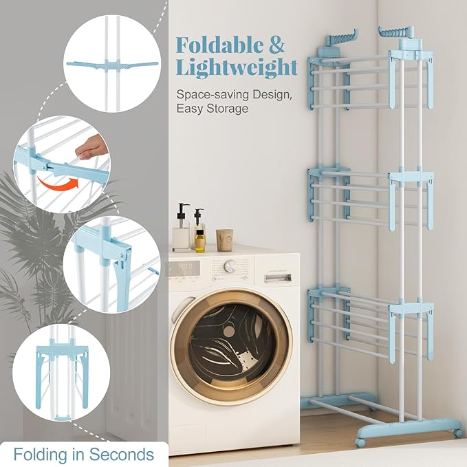 Tangkula 4-Tier Foldable Clothes Drying Rack, Oversized Drying Rack w/Lockable Wheels & Rust-Proof Metal Frame, Indoor Outdoor Large Drying Hanger w/Adjustable Gullwings, Movable Laundry Hanger