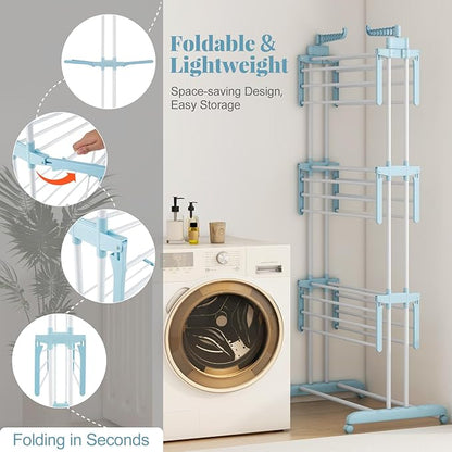 Tangkula 4-Tier Foldable Clothes Drying Rack, Oversized Drying Rack w/Lockable Wheels & Rust-Proof Metal Frame, Indoor Outdoor Large Drying Hanger w/Adjustable Gullwings, Movable Laundry Hanger