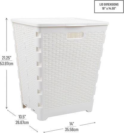 Mind Reader 61L Foldable Laundry Hamper, Clothes Basket, Lid, Wicker Design, Plastic, 18"L x 14.5"W x 21.25"H, White