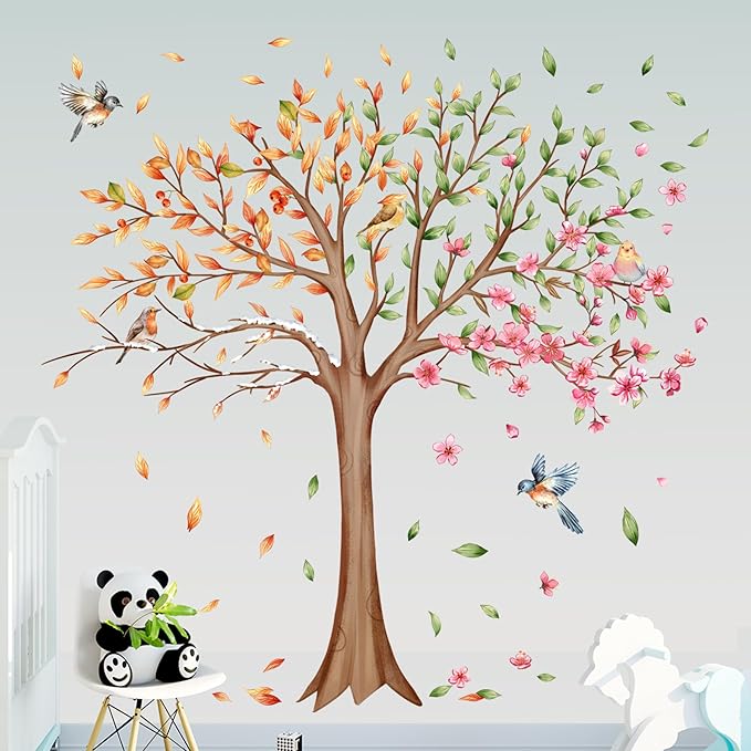 3 Sheets Large Tree Wall Decals Stickers Removable Floral Murals Peel and Stick Colorful Tree of Life Art Vinyl Living Room Decor with Flowers & Birds for Classroom Girls Bedroom Kids Nursery Office