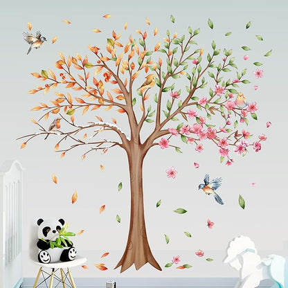 3 Sheets Large Tree Wall Decals Stickers Removable Floral Murals Peel and Stick Colorful Tree of Life Art Vinyl Living Room Decor with Flowers & Birds for Classroom Girls Bedroom Kids Nursery Office
