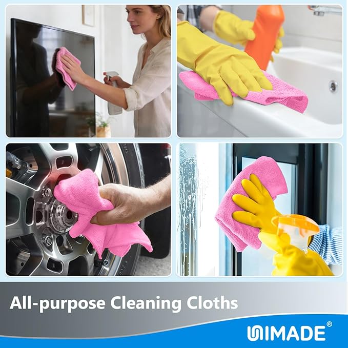 Microfiber Cleaning Cloth, 100 Sheets Microfiber Towels for Cars Commercial Grade Washcloths Lint-Free Bulk Shop Towel Cleaning Rags for Household Restaurant Garage Housekeeping,11"x 9", Pink