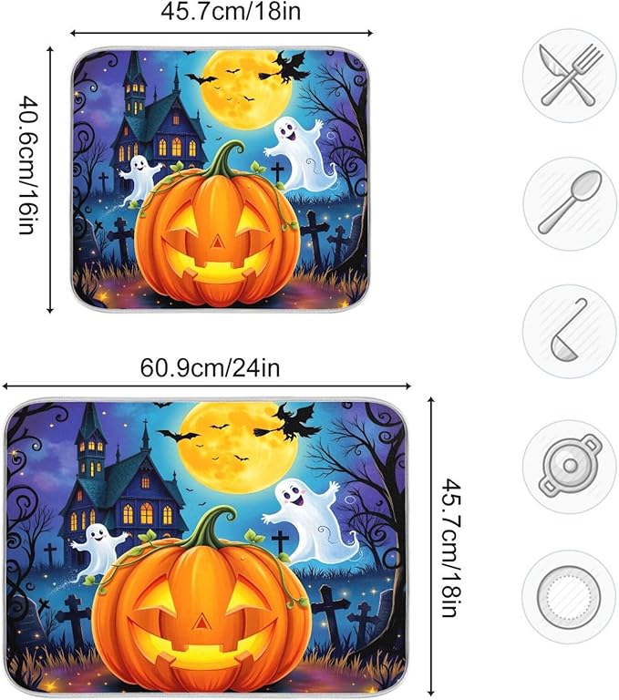 Halloween Pumpkin Ghost Witch Dish Drying Mat for Kitchen Counter Absorbent Microfiber Drying Pad, Medium 16x18 in