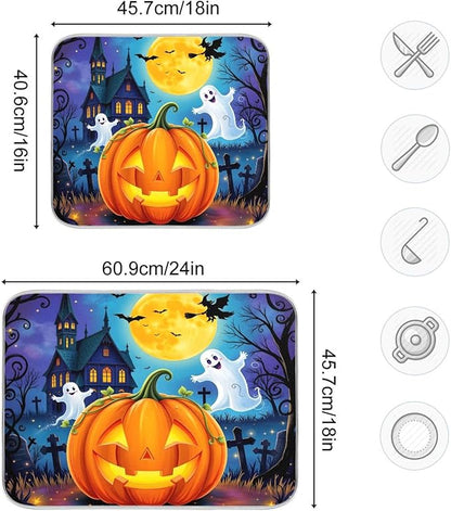 Halloween Pumpkin Ghost Witch Dish Drying Mat for Kitchen Counter Absorbent Microfiber Drying Pad, Medium 16x18 in