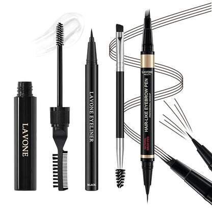 Microblading Eyebrow Pen Kit - Waterproof Brow Makeup Set with Eyebrow Pencil, Eyebrow Gel Clear, Eyeliner, Dual-ended Eyebrow Brush, Natural Looking Brows with Long-Lasting All-Day Hold - Black Brown