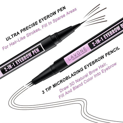 LAVONE Eyebrow Pencil, 2-In-1 Waterproof Eyebrow Pen, with 3 Tip Microblading Eyebrow Pen and Ultra-Precise Brow Pencil, Dual-ended Eyebrow Brush, for Eyebrow Makeup - Dark Coffee