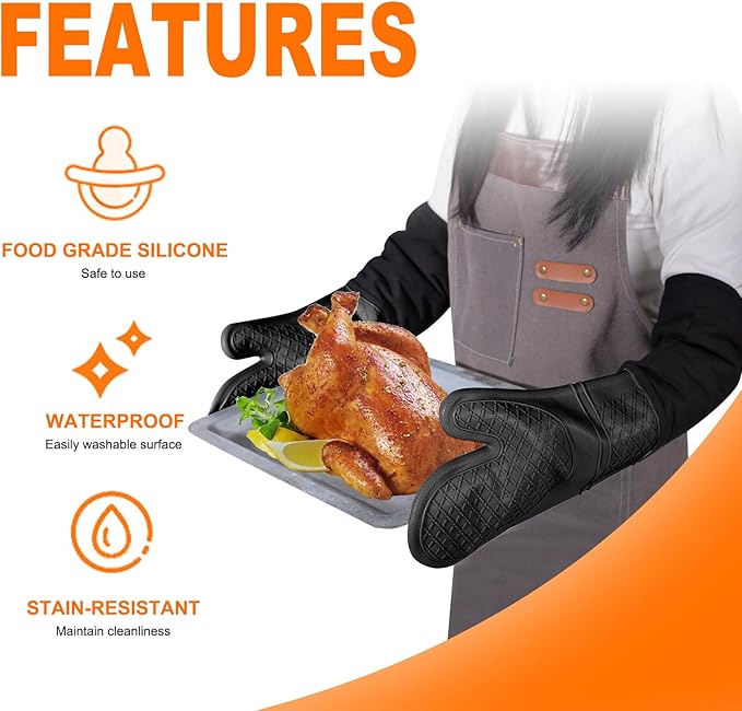 Extra Long Silicone Oven Mitts, Heat Resistant Oven Gloves with Quilted Liner Non-Slip Textured Grip Perfect for BBQ, Baking, Cooking and Grilling - 1 Pair 20 Inch Black