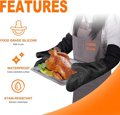 Extra Long Silicone Oven Mitts, Heat Resistant Oven Gloves with Quilted Liner Non-Slip Textured Grip Perfect for BBQ, Baking, Cooking and Grilling - 1 Pair 20 Inch Black