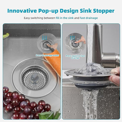Hibbent 3 in 1 Kitchen Sink Drain Strainer, Stainless Steel Wrapped Shell Drain Stopper Combo, Pop Up Sink Stopper, 3 SUS304 Anti-Clogging Basket Strainer with Handle for US Standard 3-1/2" Drain