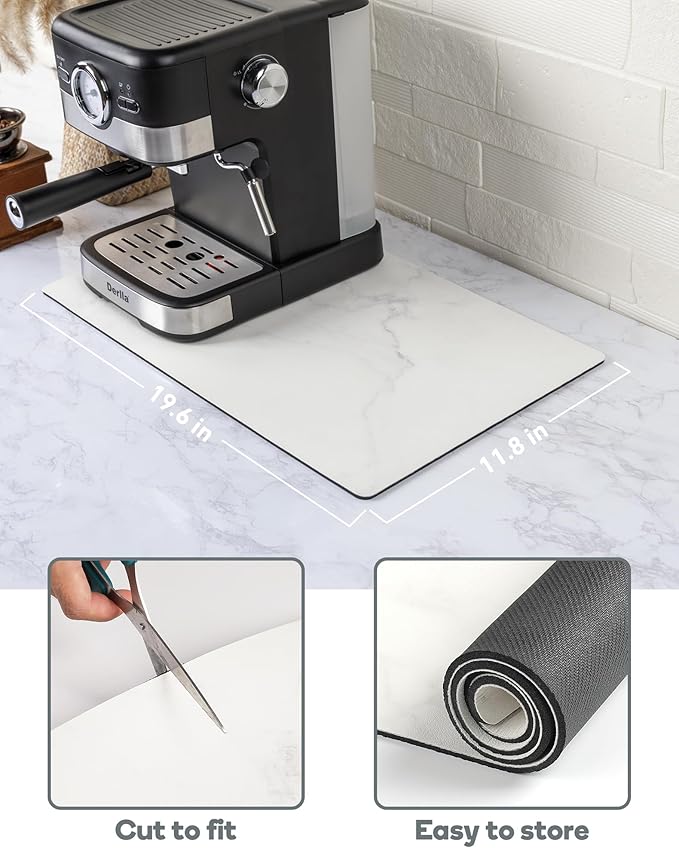SUEH DESIGN Coffee Mat, Absorbent Dish Drying Mat 19.6 x 11.8 in Quick Dry Coffee Mat Large Drying Mats for Kitchen Counter Coffee Bar, Marble White