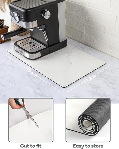 SUEH DESIGN Coffee Mat, Absorbent Dish Drying Mat 19.6 x 11.8 in Quick Dry Coffee Mat Large Drying Mats for Kitchen Counter Coffee Bar, Marble White
