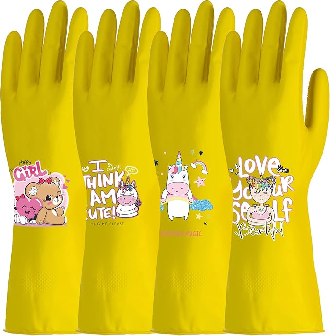 4 Pairs Kitchen Rubber Cleaning Supplies Cute Patterns Gloves Household Cleaning Gloves For Dishwashing