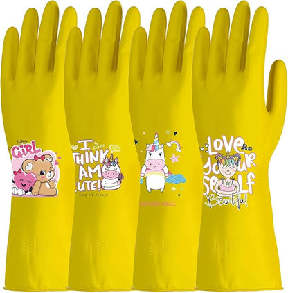 4 Pairs Kitchen Rubber Cleaning Supplies Cute Patterns Gloves Household Cleaning Gloves For Dishwashing