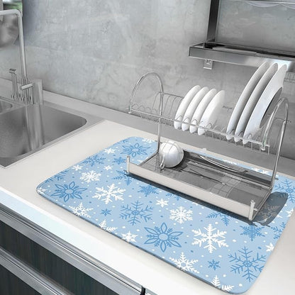 Winter Dish Drying Mat for Kitchen Counter 18x24 Blue White Snowflake Holiday Theme Seasonal Absorbent Reversible Microfiber Drying Mats Kitchen Countertop Protector Dishes Drainer Pad