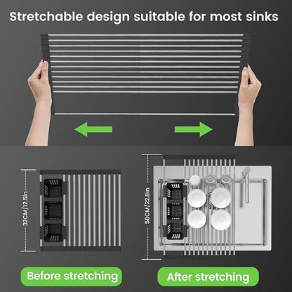 Black Expandable Roll Up Dish Drying Rack Up to 22.8''with 2 Storage Baskets,Over The Sink Kitchen Rolling up Dish Drainer Drying Rack , Foldable,Rollable,for Kitchen Dishes(Expandable Width Size)