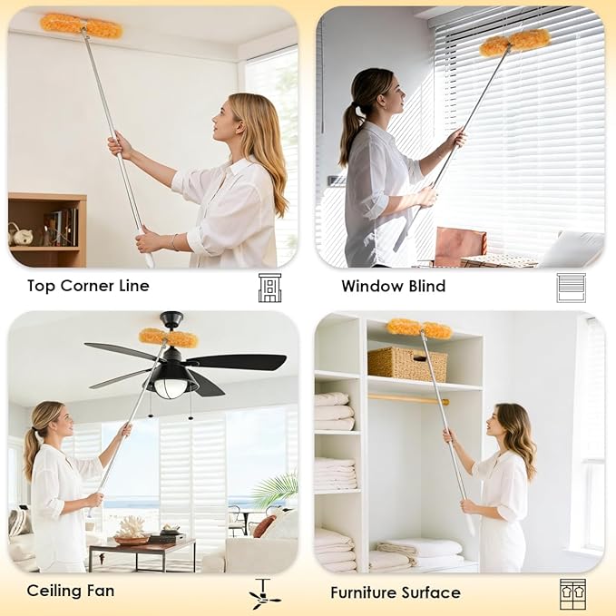 Extendable Duster Kit with 6FT Telescoping Handle & 12 PCS Duster Refills, 360° Disposable Microfiber Pads for Home Cleaning, Ceiling Fan, Blinds, Furniture